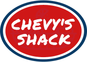 Chevy's Shack oval logo, white text, red background with navy blue border